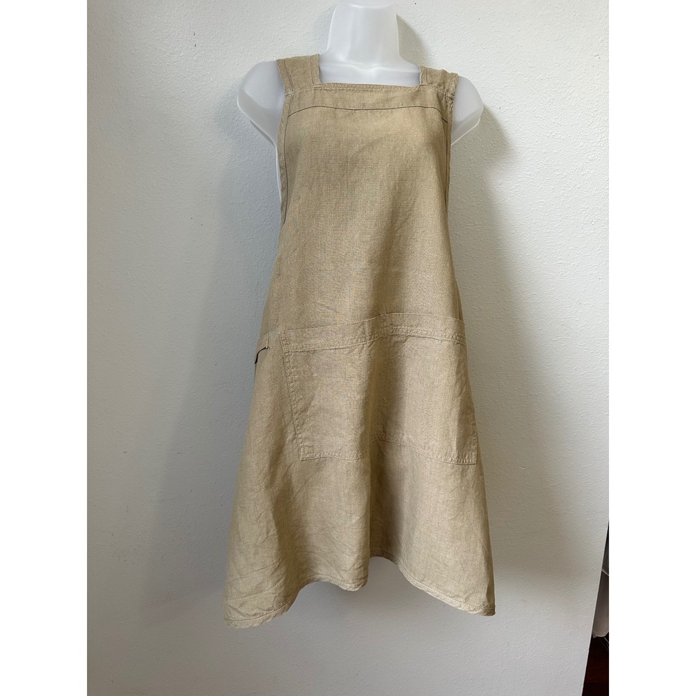 Trader Joe's 100% Linen Cross  Apron Natural Tan Japanese Style Pinafore Pocket